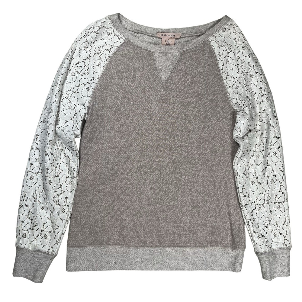 Philosophy Women's Oatmeal Sweatshirt Sz Medium White Lace Sleeve Detail‎ Boho